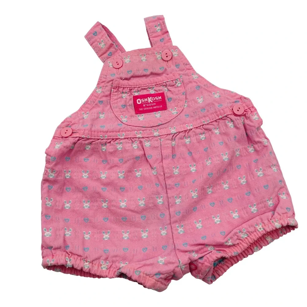 OshKosh B'gosh Shortalls Pink Bunny Heart Woven Vestbak Kids Vintage